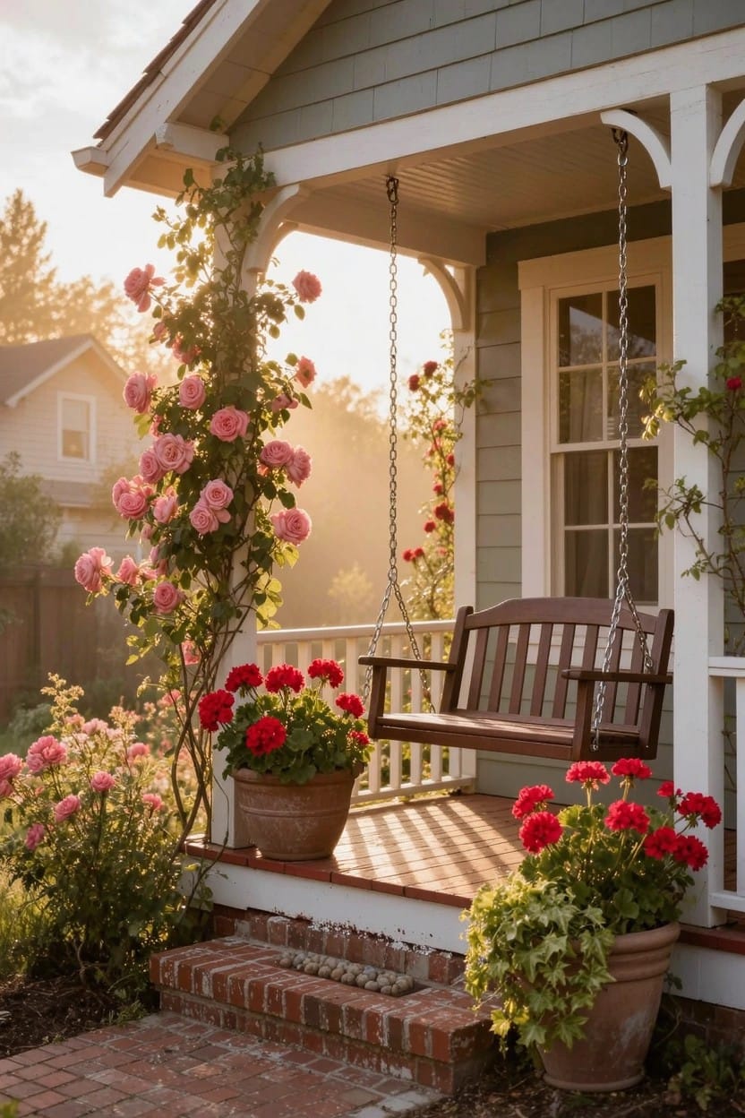 Gray shingled house porch with wooden swing hanging from chains, pink climbing roses on posts and railings, two large terracotta pots of red geraniums flanking brick steps.
