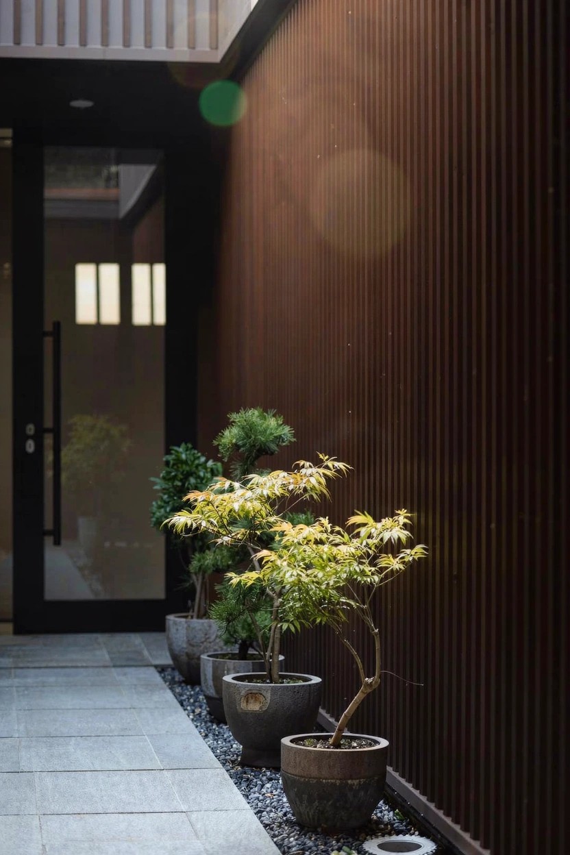 Narrow stone pathway to a black-framed glass entry door, bordered by tall dark wooden slat walls and five potted bonsai trees in round ceramic pots with gravel mulch.