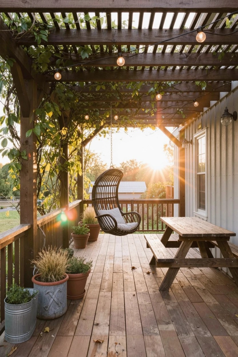Wooden deck under vine-draped pergola with string lights and hanging rattan swing, picnic table, and assorted large potted plants including terracotta pots and metal bucket next to a siding house at sunset.