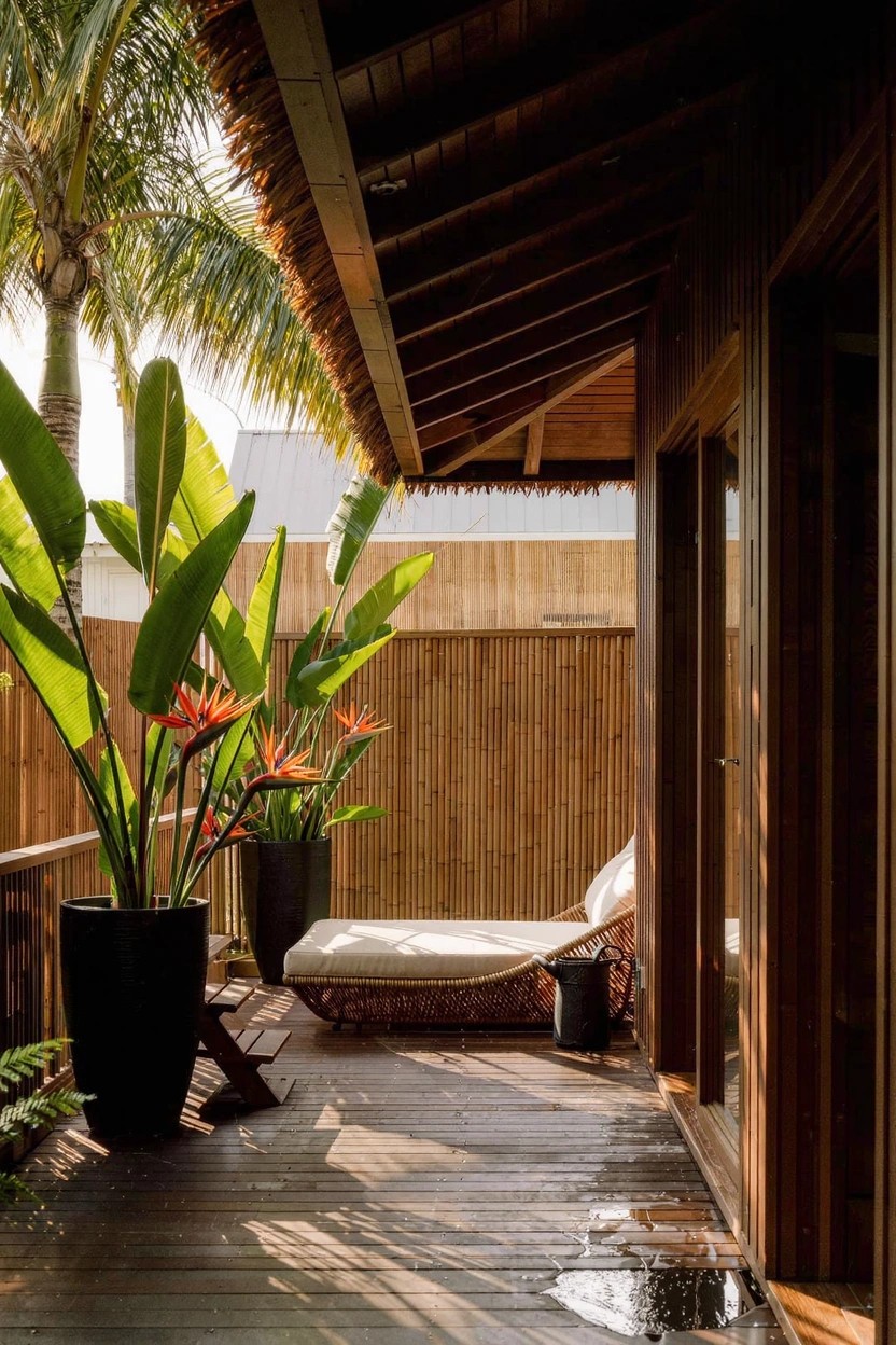 Wooden deck patio with large black pots containing bird of paradise plants, a cushioned daybed lounger, bamboo walls, and tropical greenery under a roof overhang.
