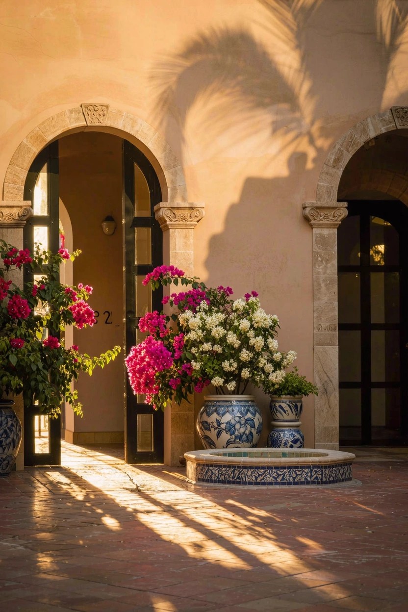 Sunlit terracotta patio with arched black doorways, flanked by large blue-and-white ceramic pots overflowing with pink bougainvillea and white flowers, a central blue-tiled fountain, and palm shadows on the walls.