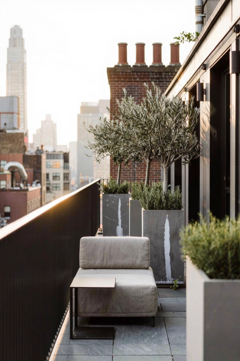 Balcony with tall white cylindrical planters holding olive trees and boxwood, a low gray sofa beside a small table, black metal railing, and city buildings in the background.