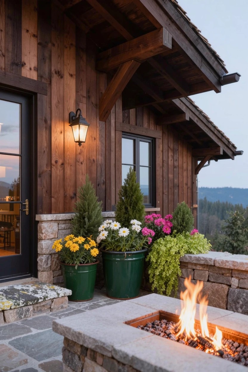 Wooden cabin-style house exterior with stone patio, linear gas fire pit with flames, large pots of colorful flowers and greenery, wall lantern, glass door, and potted evergreen shrubs against a hillside view.