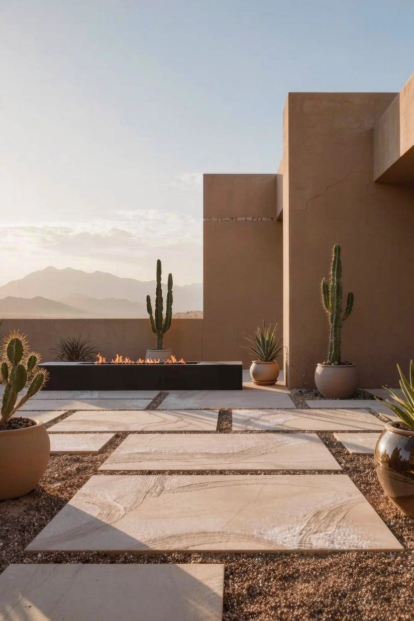 Modern outdoor patio with light beige rectangular stone pavers, black linear fire pit, multiple large potted cacti and succulents in round pots, tan stucco walls, and distant mountains at sunset.