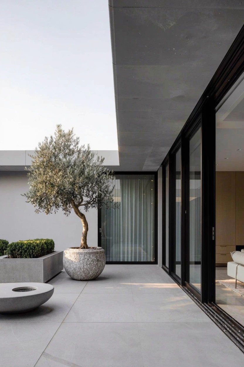 Modern concrete patio featuring a tall olive tree in a large textured stone pot, flanked by boxwood hedges in concrete planters, a round stone stool, and black-framed sliding glass doors leading into a light interior.