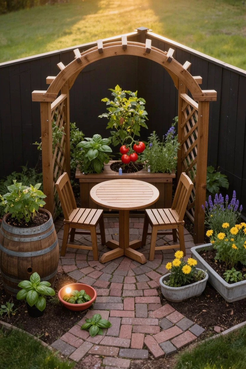 Wooden arched arbor with vining plants and tomatoes frames a round wooden table and two chairs on a brick patio, surrounded by potted herbs, flowers, and vegetables in a fenced backyard corner.