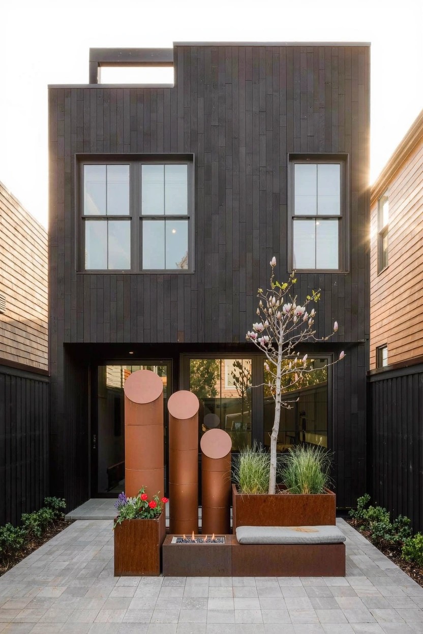 Modern black wood-clad house with courtyard patio featuring three tall curved copper planters grouped near a paved path, bench with fire pit base, grasses, flowers, and entry doors.