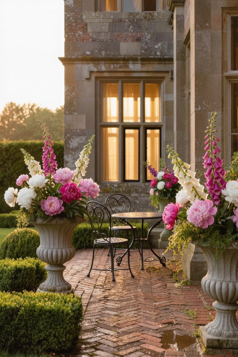 Small black metal table and two chairs on a wet brick path flanked by large stone urns overflowing with pink peonies, white peonies, foxgloves, and greenery next to a tall stone house wall with multipaned windows.