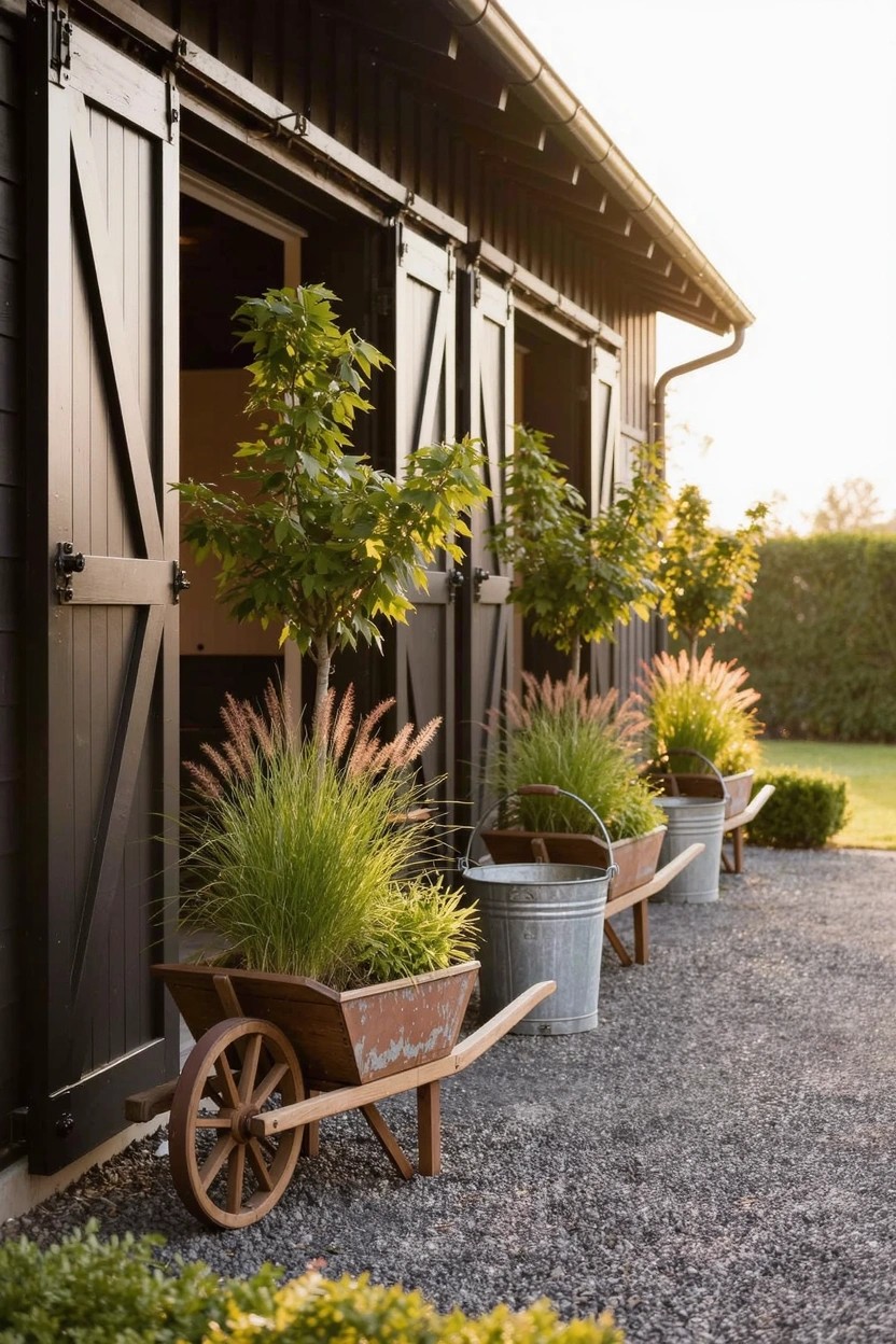 Black double barn doors flanked by potted small trees and tall grasses in metal wheelbarrows on a gravel path with additional potted plants nearby.