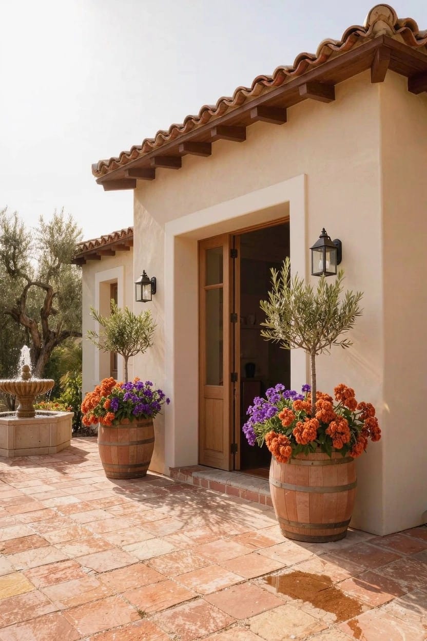 Beige stucco house exterior with red tile roof and open wooden door flanked by two large wooden barrel planters overflowing with orange and purple flowers, plus potted olive trees, a stone fountain, and terracotta paver patio under sunny sky.