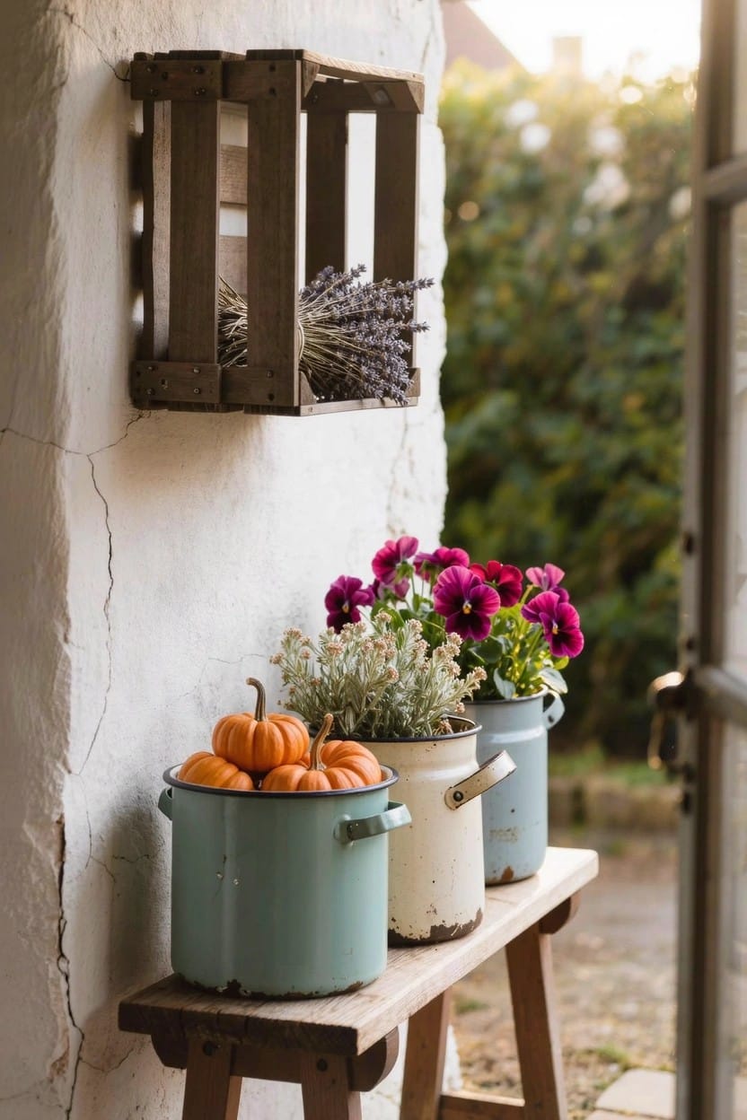 White stucco exterior wall with wooden crate shelf holding lavender bundles, wooden bench supporting blue and white metal buckets filled with small orange pumpkins and pots of purple flowers, open wooden door in background.