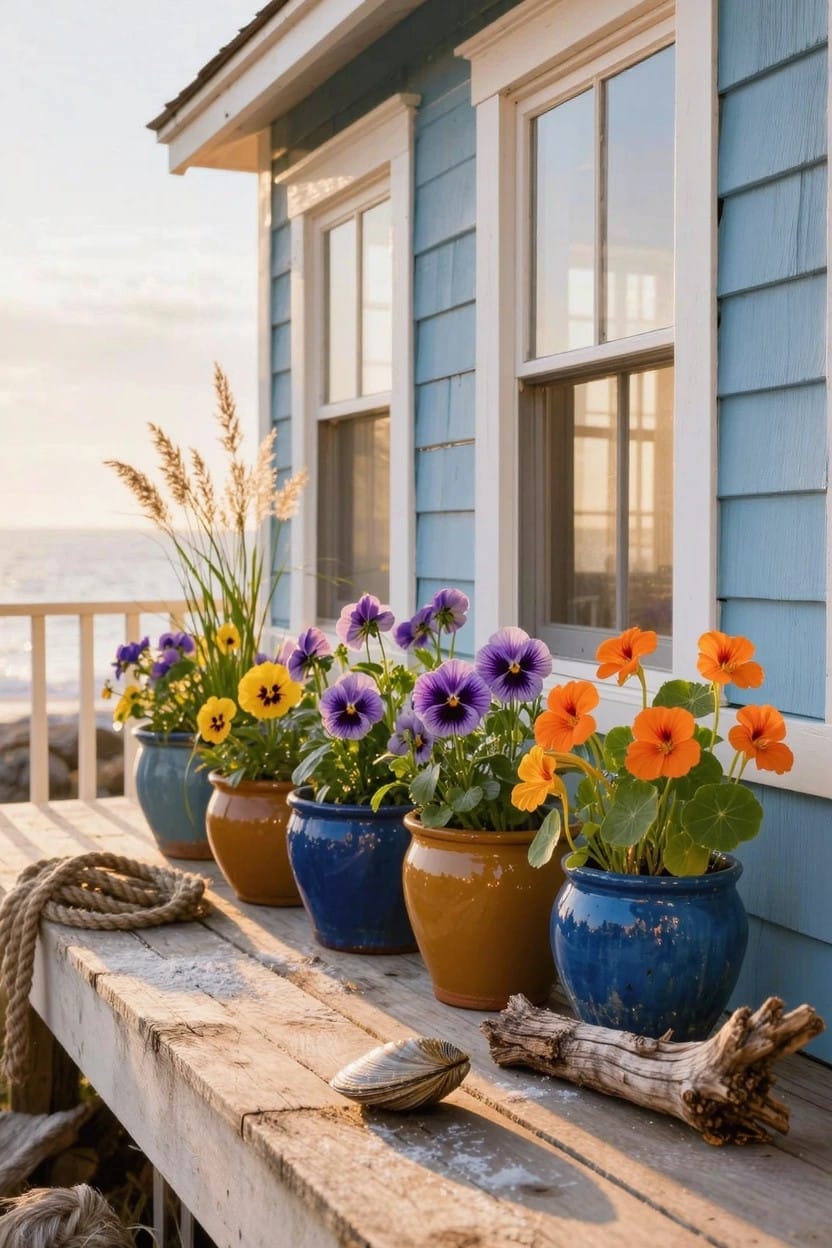 Blue clapboard house with wooden porch deck and railing holding five colorful ceramic and terracotta pots of purple, yellow, and orange pansies and marigolds, plus driftwood and rope, overlooking ocean at sunset.