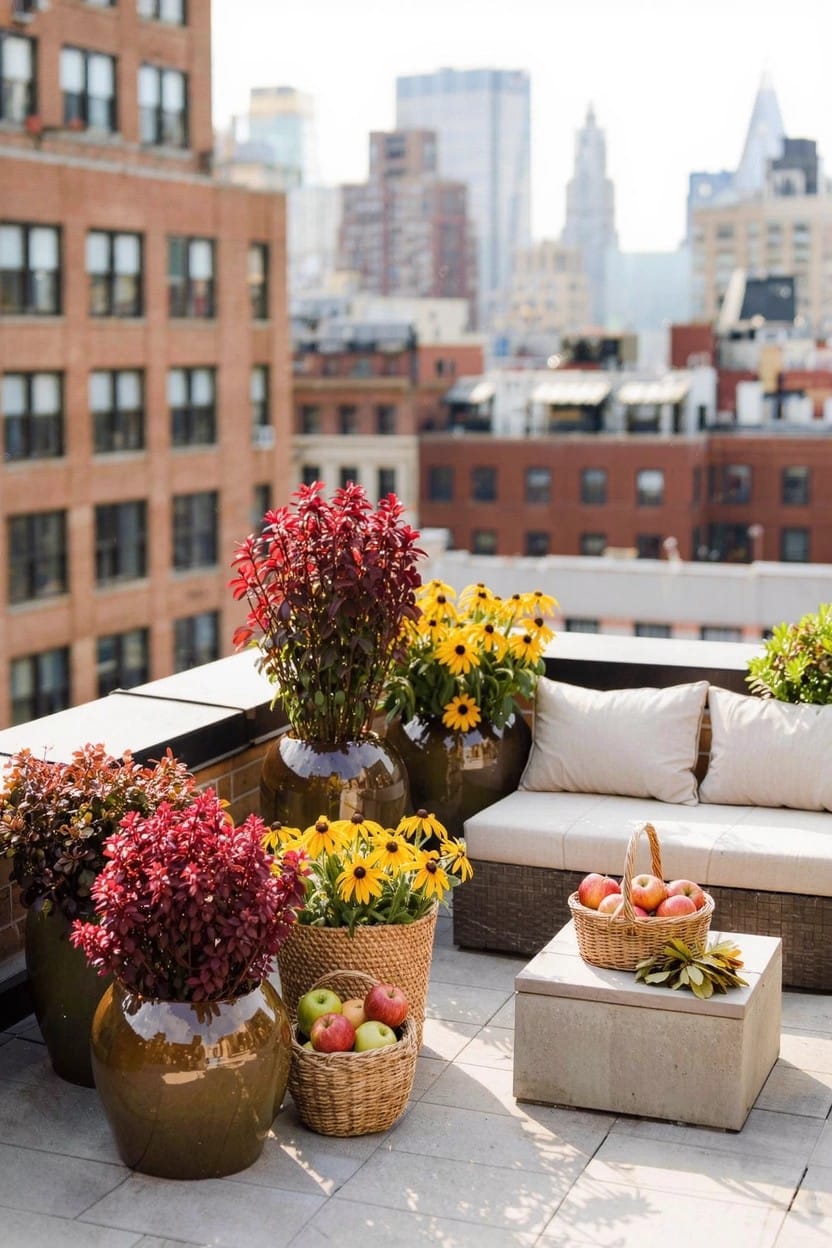 Rooftop balcony with large terracotta pots of red bushes and yellow black-eyed Susans clustered around a beige outdoor sofa, cushions, low table, and woven baskets of apples amid city buildings.