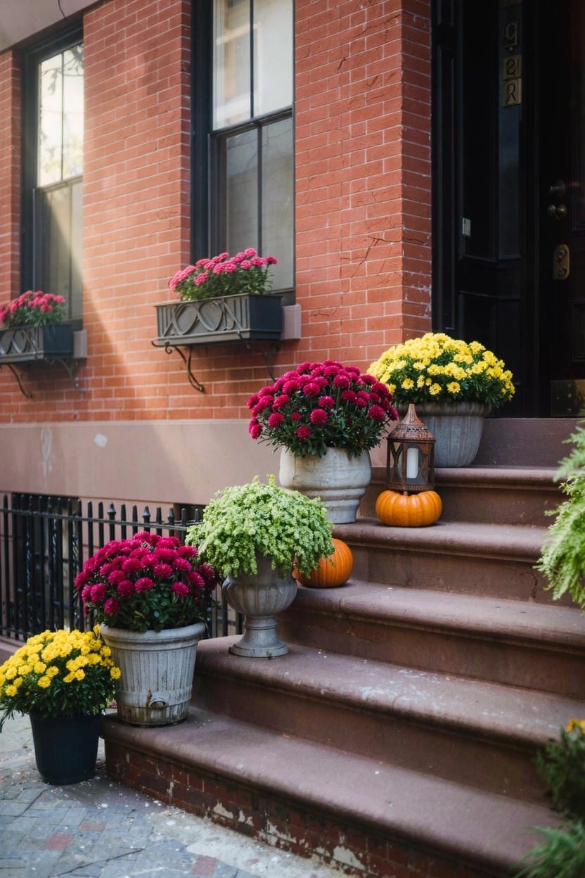 Red brick townhouse exterior featuring concrete steps lined with white pots of pink and yellow mums, orange pumpkins, greenery, and a metal lantern.