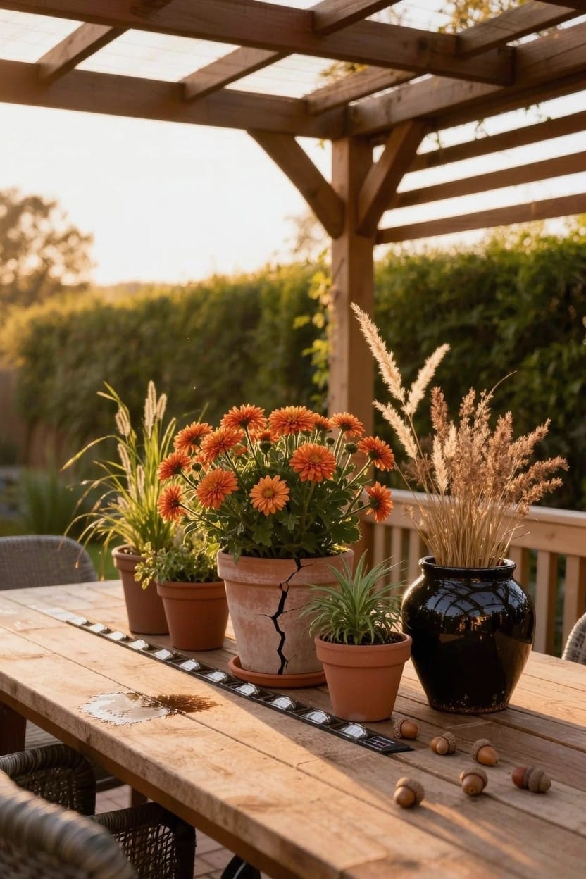 Wooden outdoor table under a pergola deck holding terracotta pots with orange chrysanthemums, grasses, ferns, a black vase, acorns, and surrounded by chairs with hedges behind.