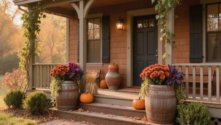 25 Cozy Fall Flower Pots Outdoor That Feel Warm and Seasonal White two-story house with black shutters and columned porch, orange pumpkins and red mum pots placed on the front steps, pampas grass flanking a bench on the porch, autumn trees and golden hour light.