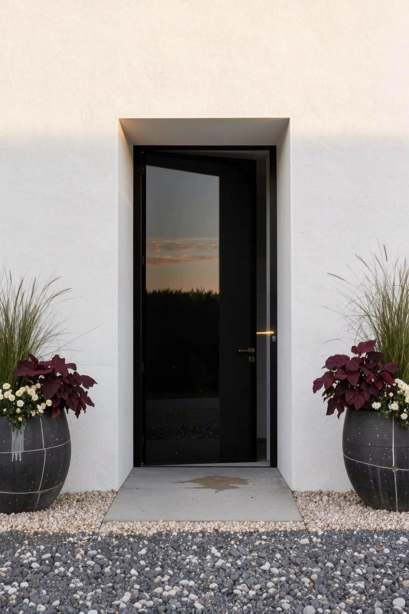 White modern house facade with black front door centered in the wall, flanked by two large black pots of purple and white flowers on gravel entry path.