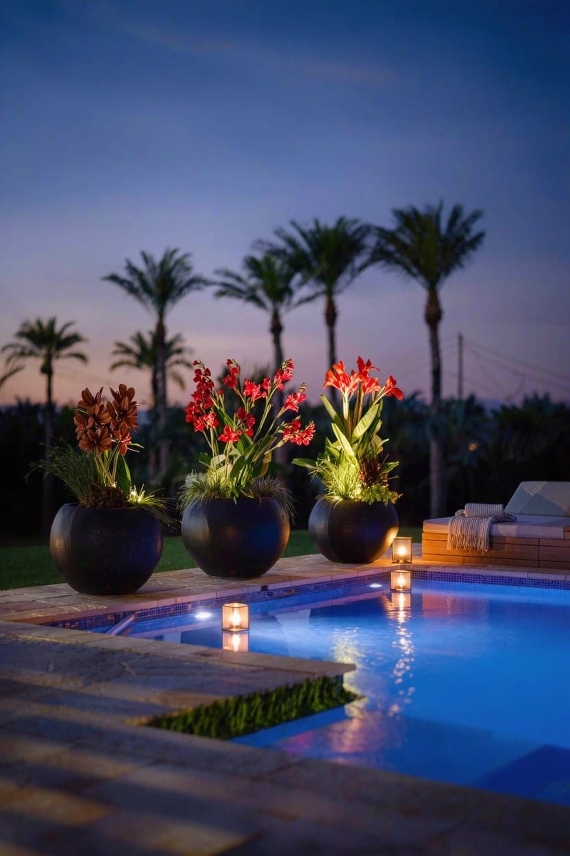 Three large black round pots with red and orange amaryllis flowers placed around a lit blue pool at dusk, with palm trees, lounge chairs, and lanterns nearby.