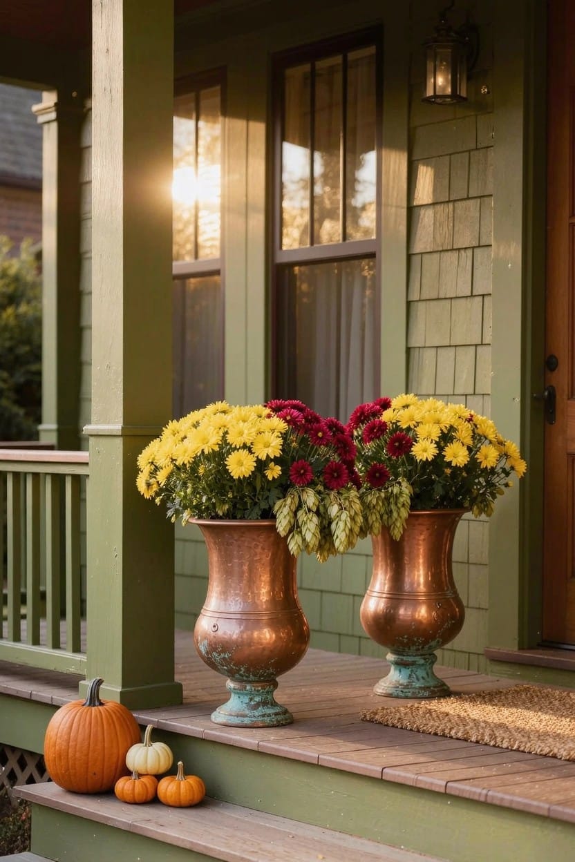 Green shingled porch steps holding two large copper urns filled with red and yellow mums and hops, plus small orange and white pumpkins, with a brown front door and welcome mat nearby.