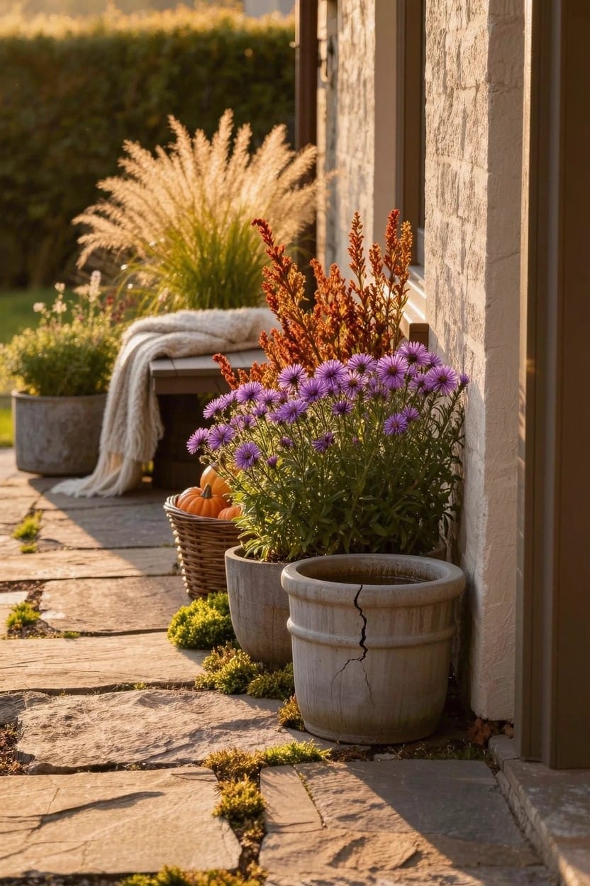 Stone pathway next to a beige stucco house wall with large gray concrete pots holding purple flowers and grasses, a wicker basket of orange pumpkins, smaller plants, and a bench with gray blanket.