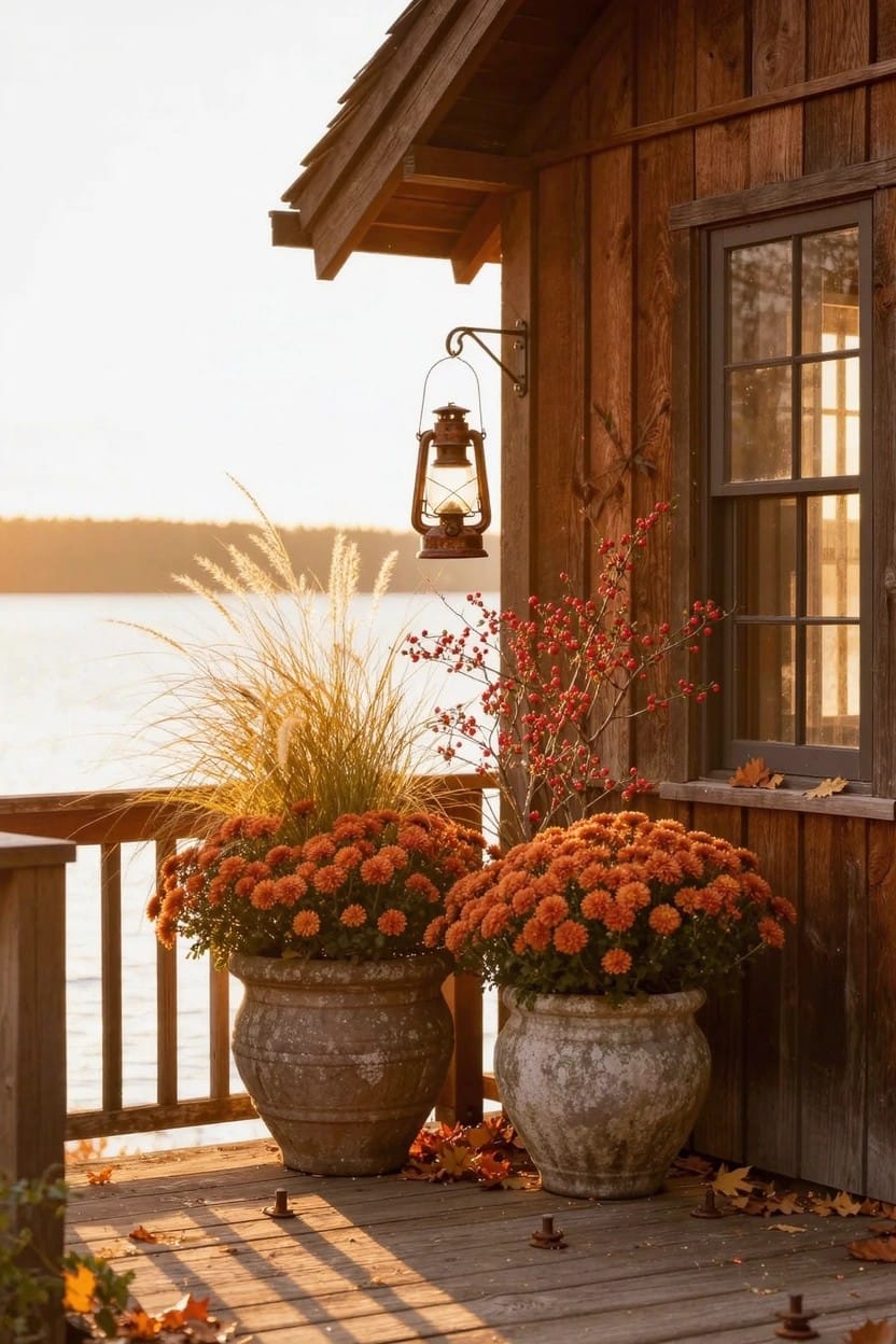 Rustic wooden cabin deck overlooking a lake with two large terracotta pots filled with orange mums, tall ornamental grasses, red berry branches, a hanging lantern on the wall, and scattered fall leaves at sunset.
