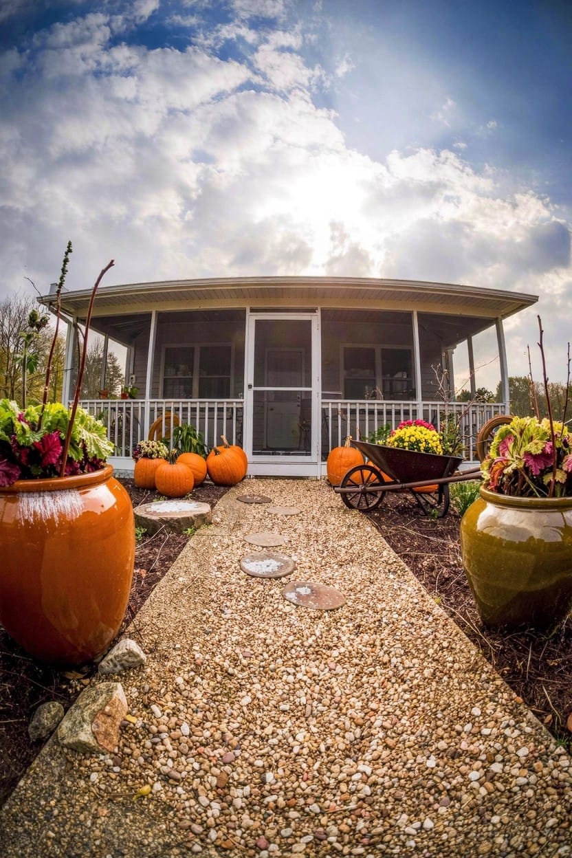 Two large hammered copper pots filled with pink heather and orange ferns sit on stone entry steps beside a rustic house with wooden siding, black metal railings, and a forested mountain background.