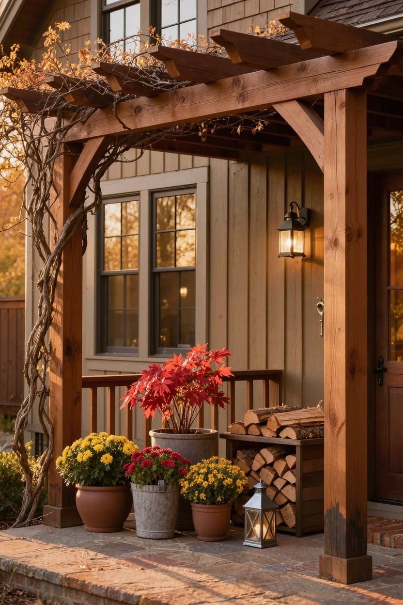 Several terracotta pots with orange chrysanthemums and tall grasses placed next to a wooden picket fence and a leaning wagon wheel along a grassy path in a field at sunset.