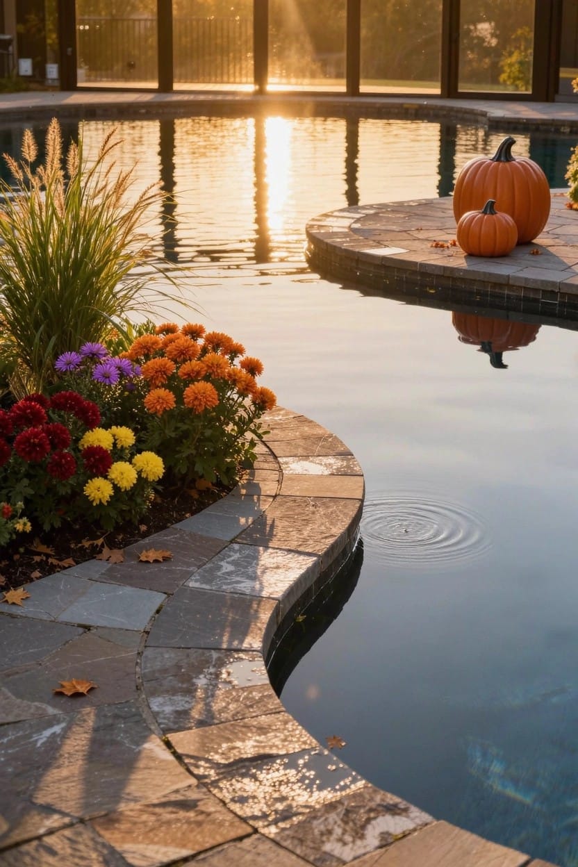 Curved swimming pool with gray stone decking edged by clusters of red, orange, yellow, and purple mums, ornamental grasses, and pumpkins at sunset.