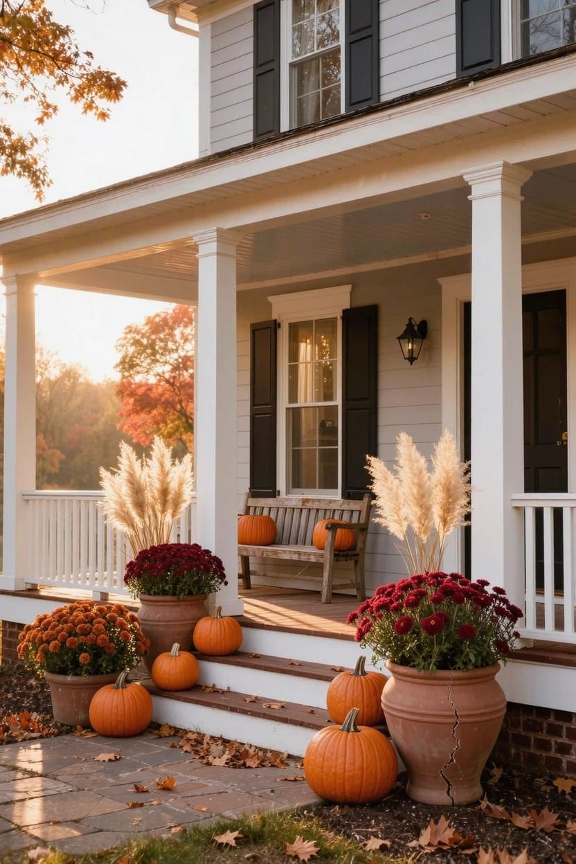 White two-story house with black shutters and columned porch, orange pumpkins and red mum pots placed on the front steps, pampas grass flanking a bench on the porch, autumn trees and golden hour light.