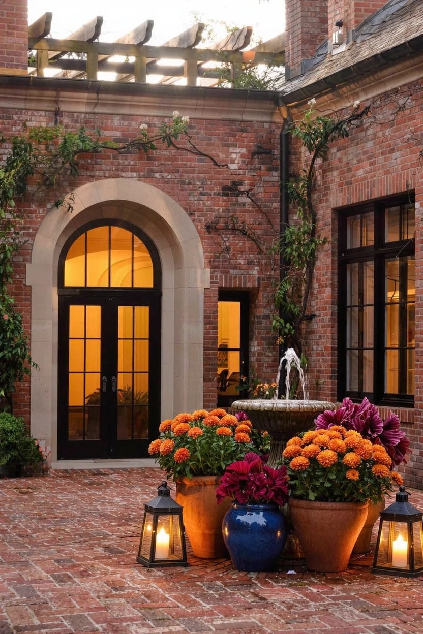 Brick-walled courtyard patio featuring arched double doors, climbing vines on walls, large terracotta pots of orange marigolds and purple flowers clustered around a central fountain, and lanterns on the ground.