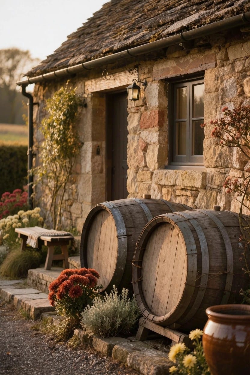 Stone cottage exterior at dusk with two large wooden barrels leaning against the wall near the front door, surrounded by potted fall flowers including chrysanthemums, a wooden bench, lantern light, and gravel path.