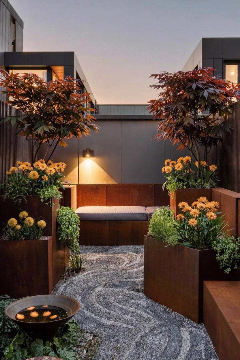 Modern courtyard at dusk with tall corten steel planters filled with orange mums and red-leaved maples surrounding a wooden bench with gray cushions, a curving gravel path, wall light, and fire bowl.