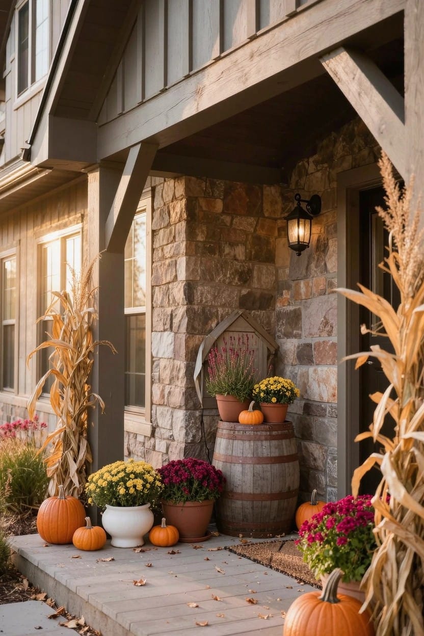 Stone and wood house front porch with whiskey barrel planter filled with flowers, stacked pumpkins, cornstalks, potted mums, and lanterns on the steps at dusk.
