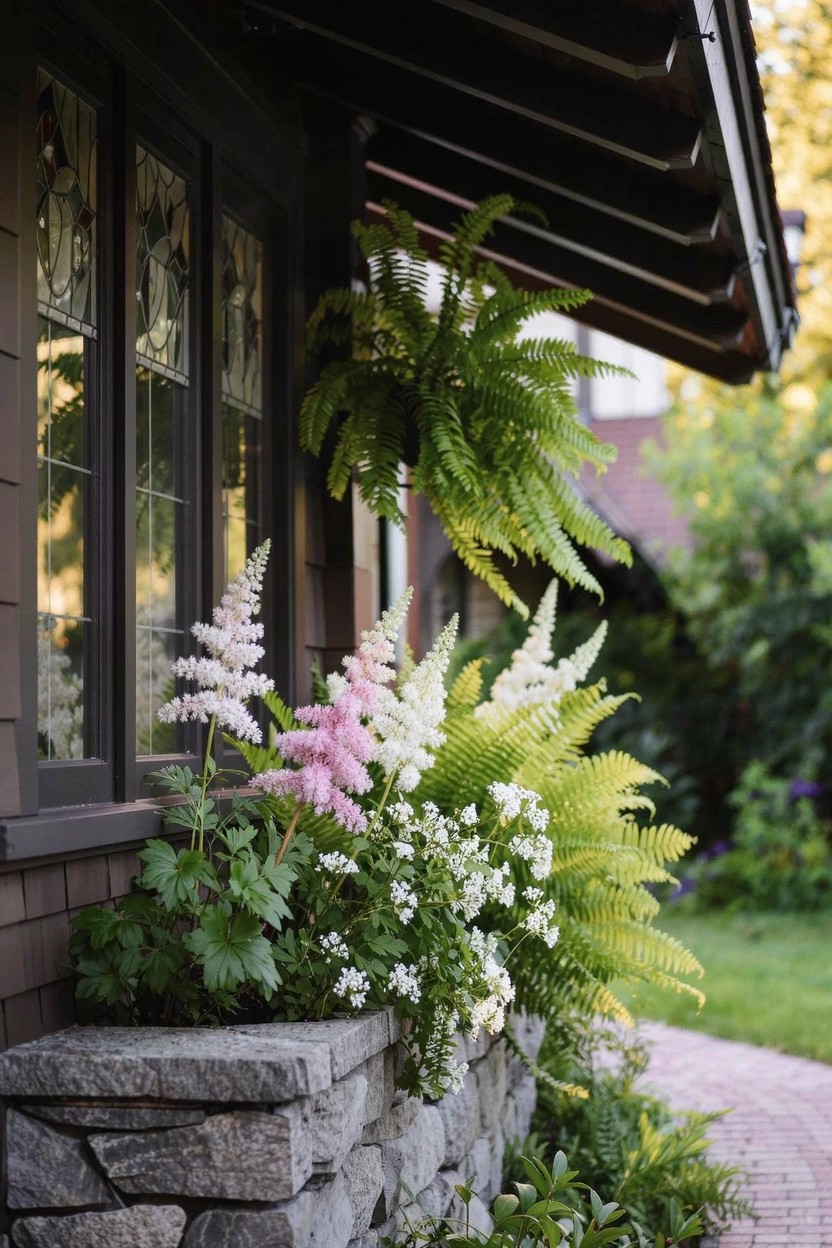 Close view of a shingled house corner with dark wood siding, leaded glass windows, a stone wall base planted with pink and white astilbe flowers and ferns, plus hanging ferns, beside a brick path.
