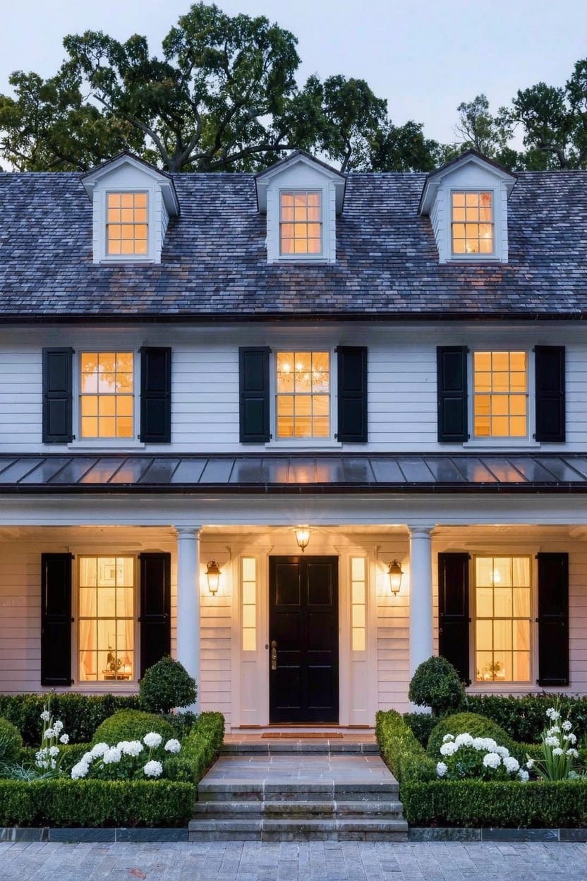 White clapboard house with black shutters and front door, porch columns, and symmetrical corner flower beds of trimmed boxwood hedges planted with large white hydrangea blooms beside stone steps and driveway.