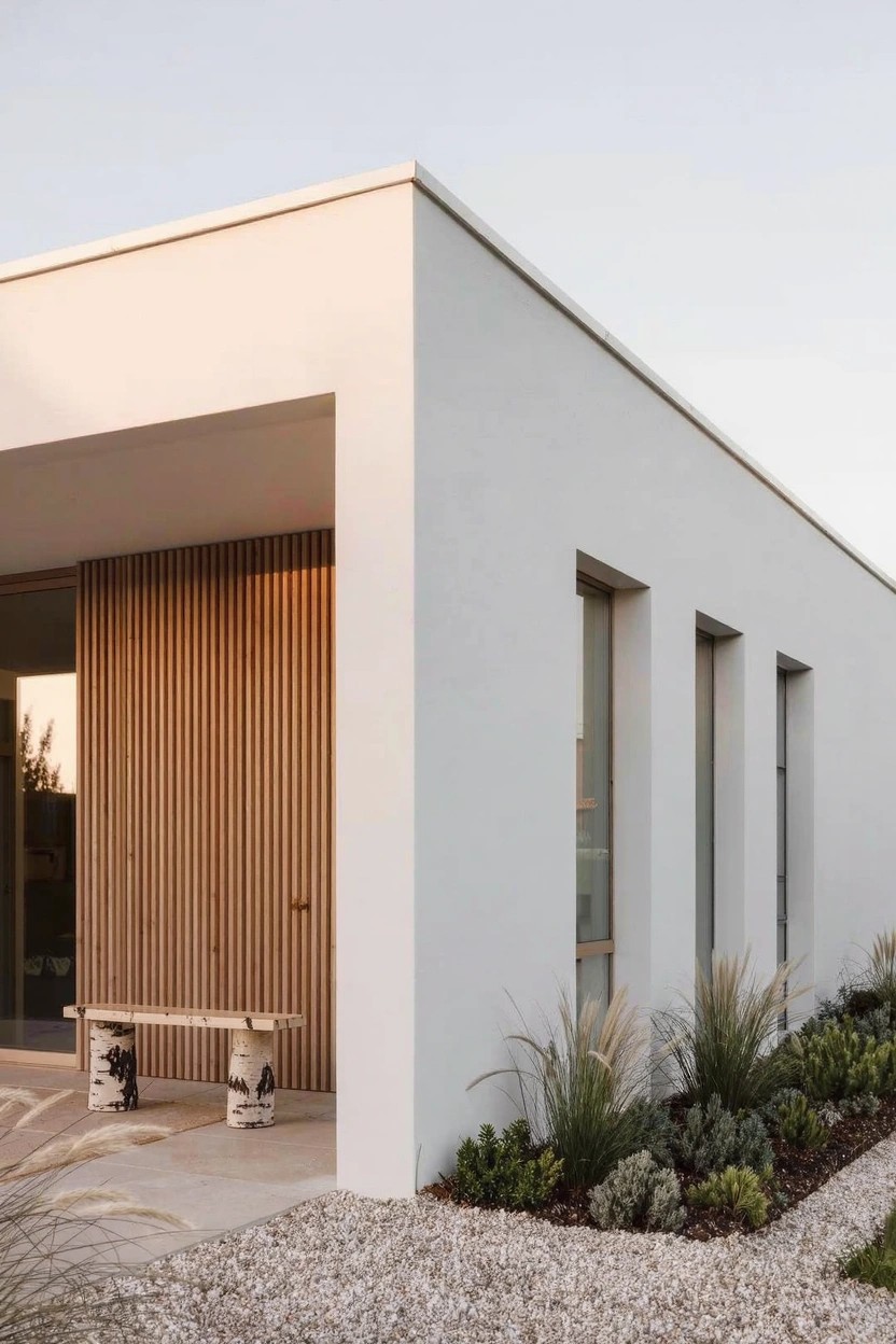 White modern house corner with wooden bench on gravel patio area, tall ornamental grasses, and low plants along the base.