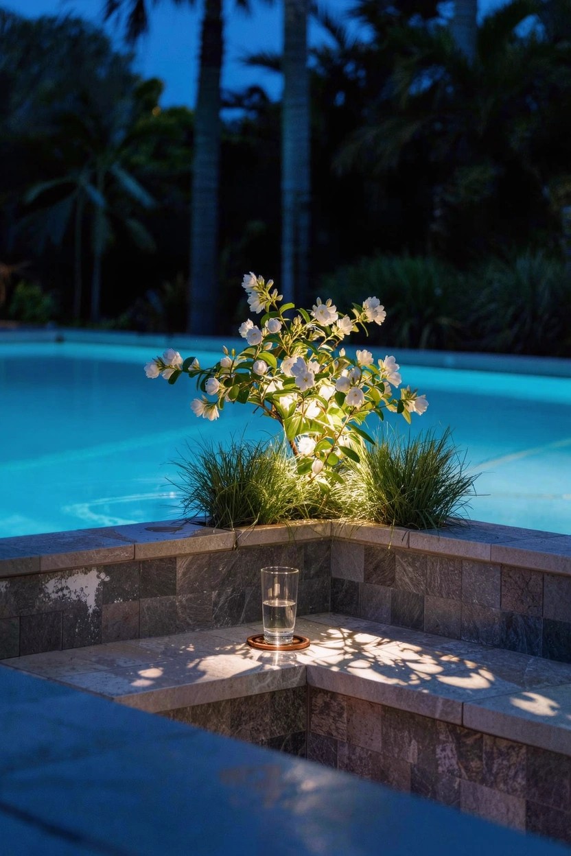 Nighttime photo of a corner flower bed with white blooming shrubs and grasses lit from below next to a pool edge tiled in stone, a glass with coaster on the ledge, and palms in the dark background.