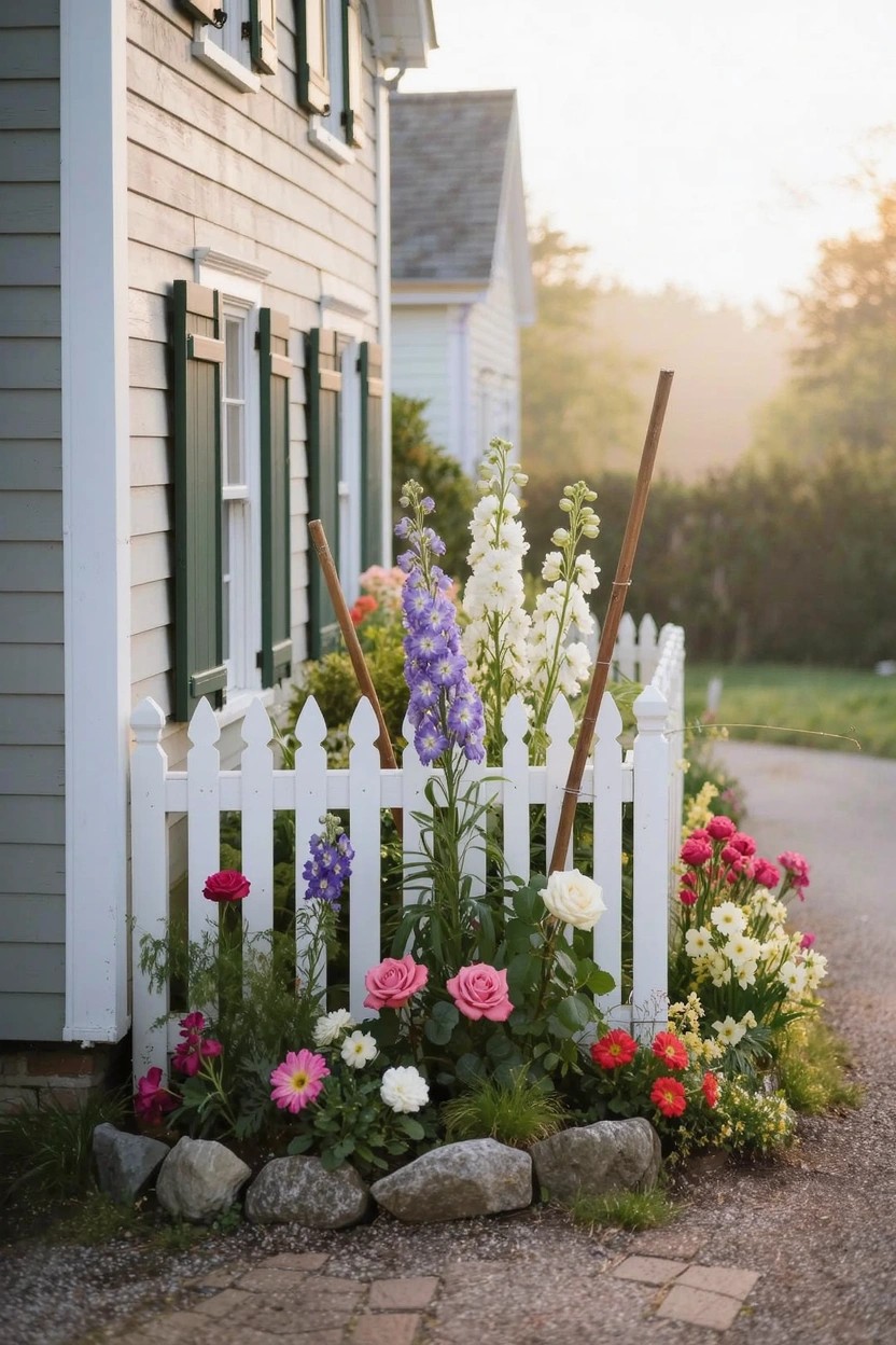 Corner Flower Beds with White Picket Fences
