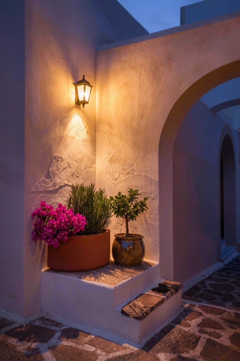 White stucco corner wall with archway and steps, wall-mounted lantern illuminating potted pink flowers in terracotta pot, rosemary, and small tree in brass pot on pebbled ground at dusk.