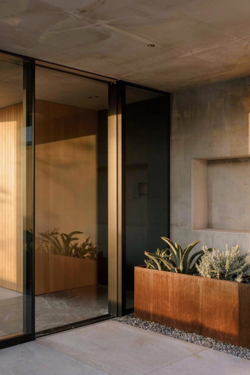 Modern home exterior corner with a recessed concrete wall niche containing a rectangular wooden trough planter filled with agave plants and succulents, beside sliding glass doors and pebble ground.