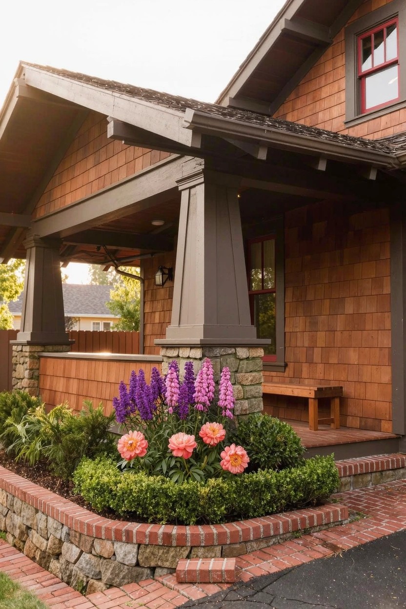 Craftsman-style house corner with curved raised brick flower bed containing purple lavender, orange dahlias, green boxwoods, and other plants beside a driveway and porch.