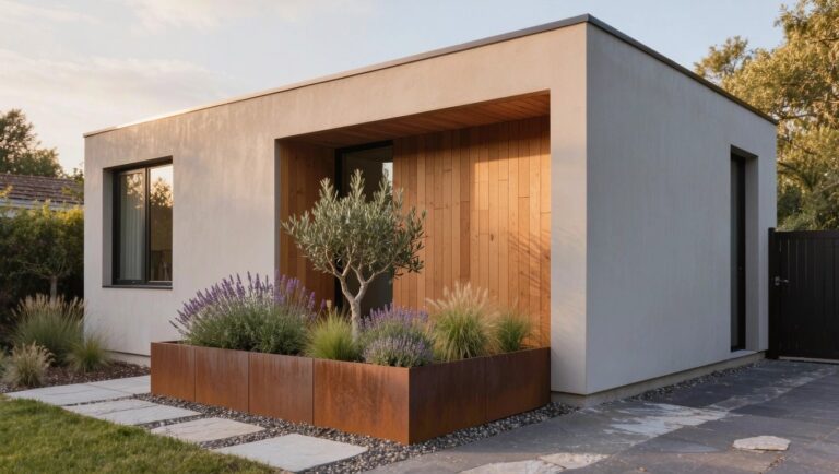 25 Stylish Corner Flower Bed Ideas That Fill Awkward Spots Craftsman-style house corner with curved raised brick flower bed containing purple lavender, orange dahlias, green boxwoods, and other plants beside a driveway and porch.