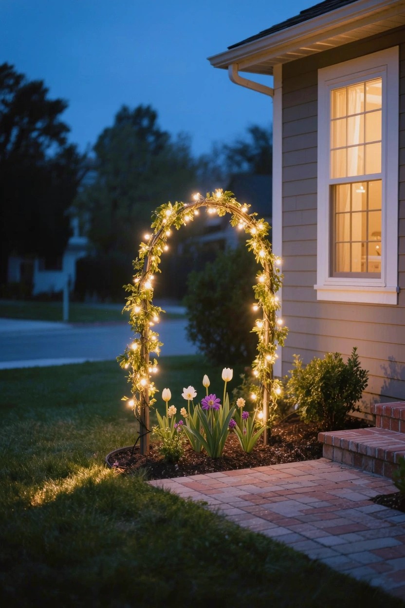 Gray house exterior at dusk with a lighted garden arch covered in greenery and string lights in a mulched corner bed planted with tulips, next to brick steps and grass lawn.