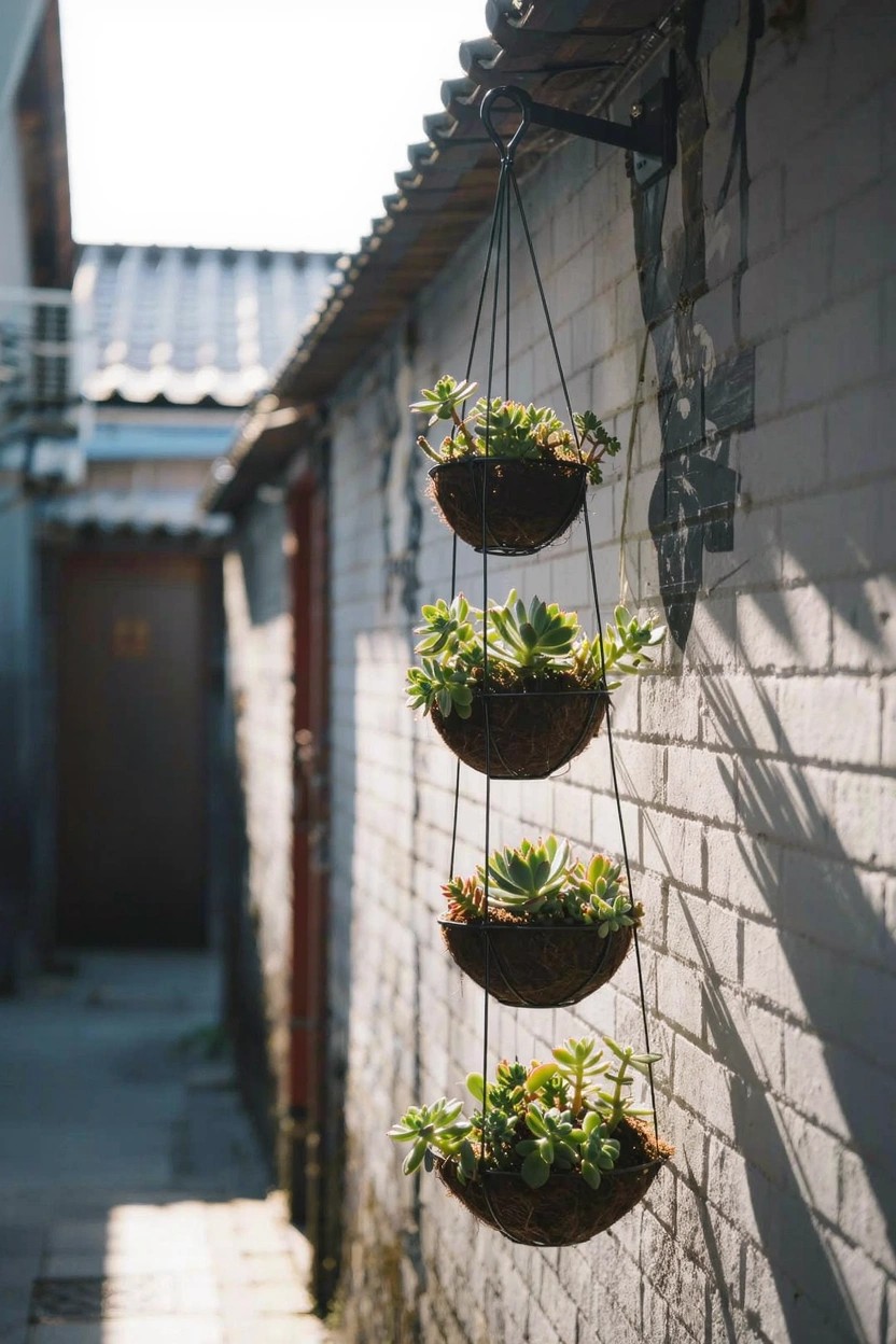 Four staggered hanging planters filled with green succulents suspended from a metal bracket on a white brick wall in a narrow outdoor alley with a red door and tiled roofs nearby.