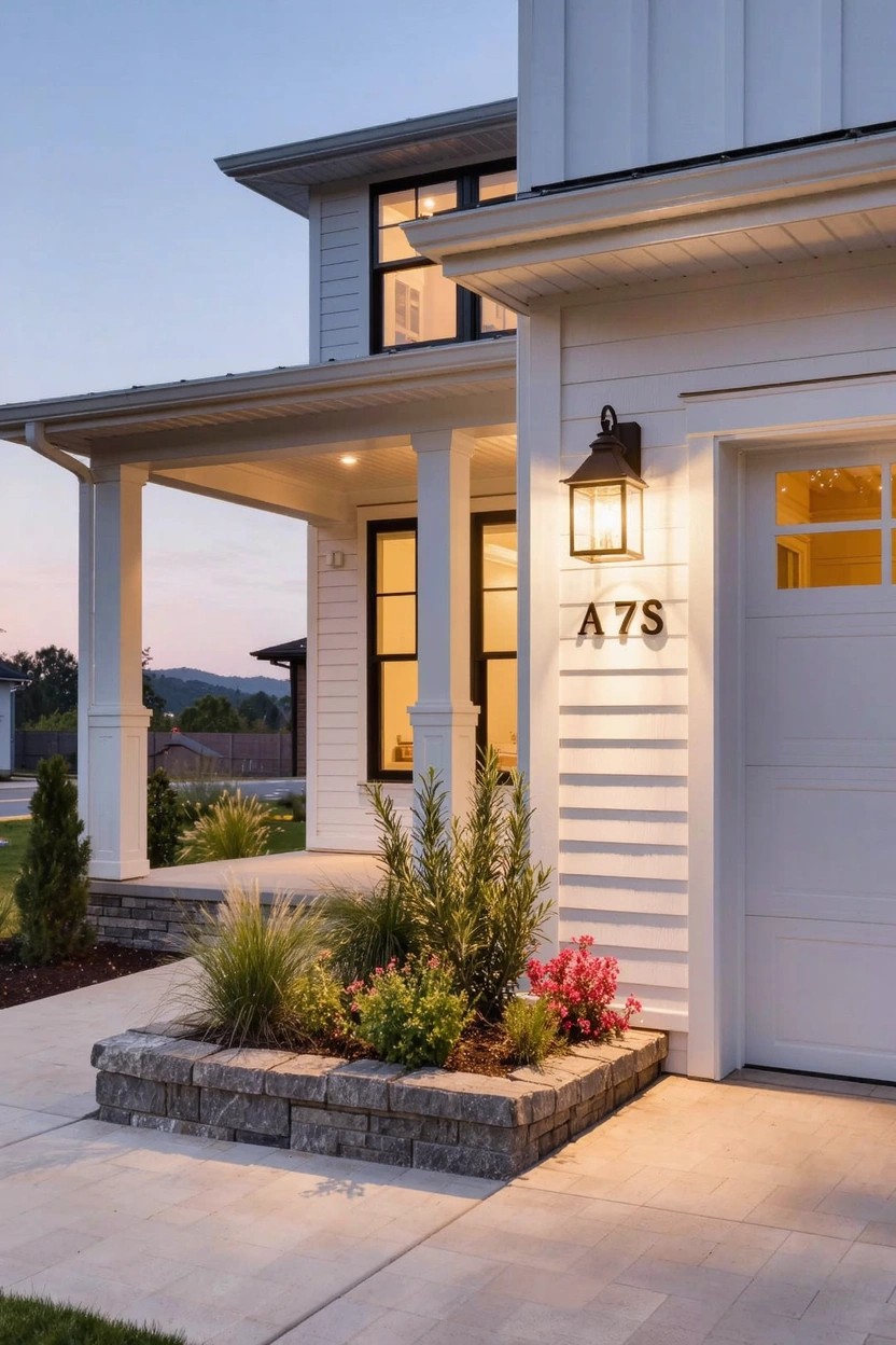 White board-and-batten house exterior with garage, featuring a raised stone corner flower bed planted with grasses, shrubs, and pink flowers next to the driveway at dusk.