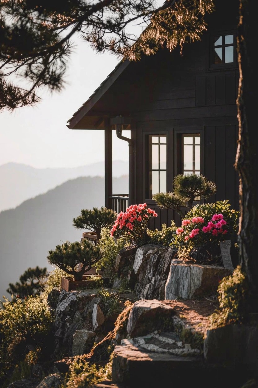 Dark wooden house on a rocky mountainside with pink rhododendron bushes clustered among rocks near a balcony and pine trees.