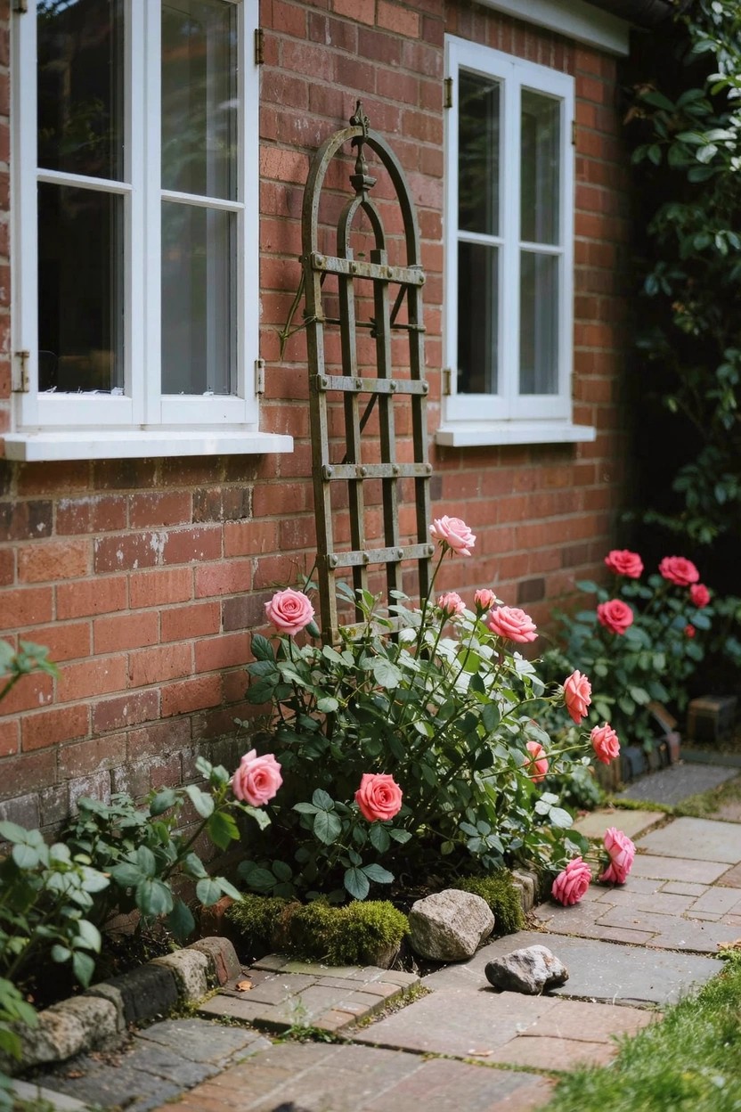 Red brick house exterior wall with white-framed double windows, wooden arched trellis covered in pink climbing roses, pink rose bushes at the base, moss-covered stones, and a stone pathway.