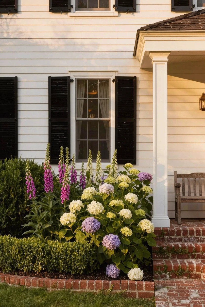 White clapboard house with black shutters and columned porch, shown with a curved corner flower bed of pink foxgloves, white and purple hydrangeas, and boxwood shrubs beside brick steps.