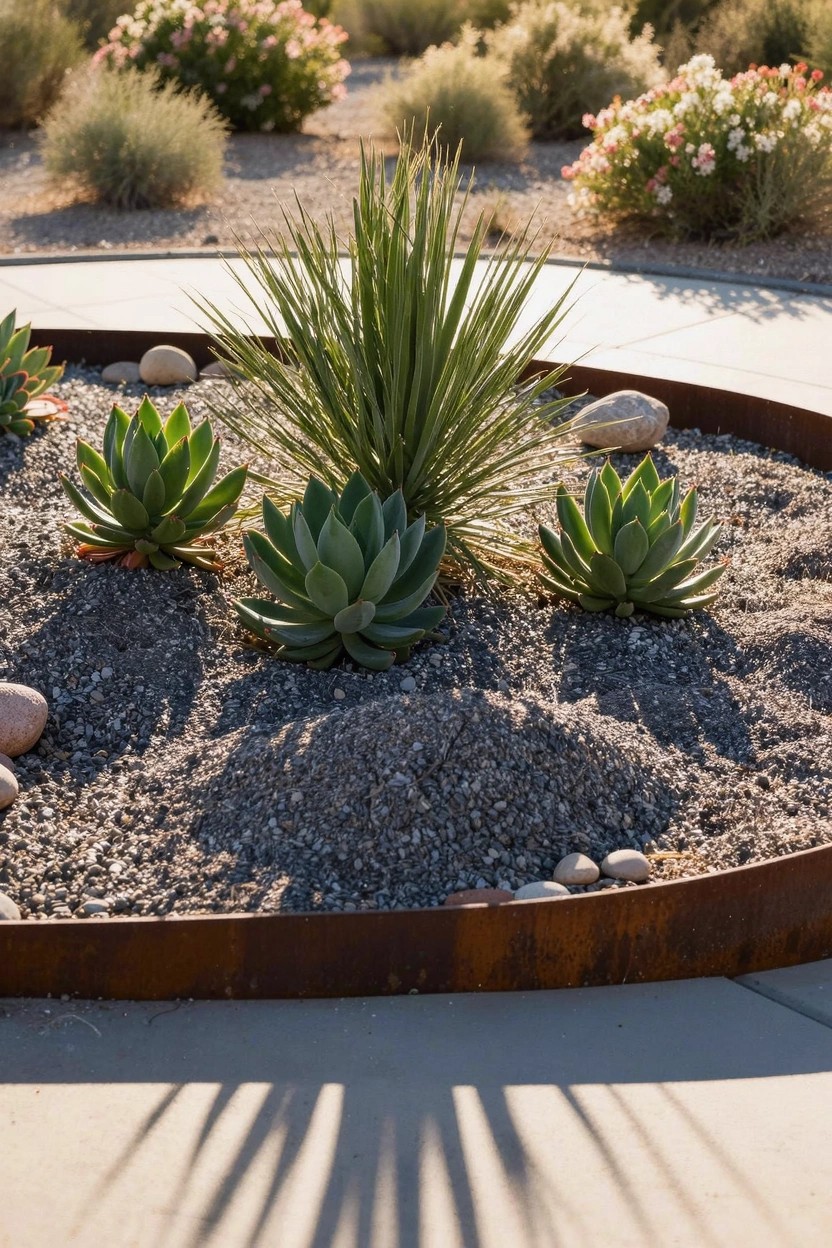 Curved raised garden bed edged with rusted steel and filled with gravel, pebbles, three agave plants, and one central yucca plant next to a concrete path in a desert landscape.