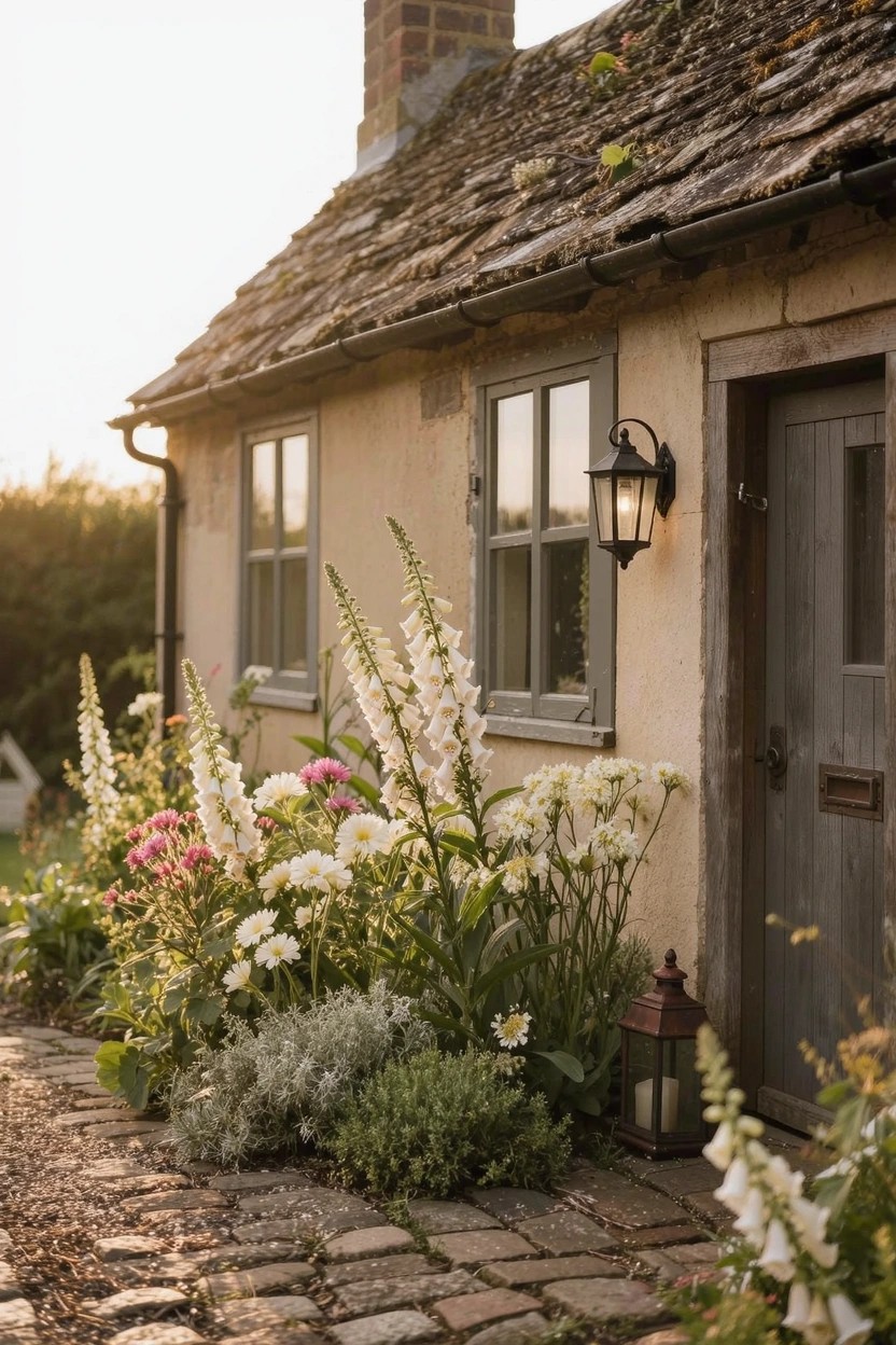 Beige cottage with wooden door, lantern light, and corner flower bed of tall white foxgloves, pink flowers, white blooms, and low greenery along a stone path.